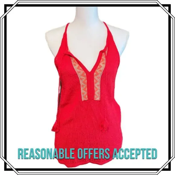 Lucky Brand Red Knit Crochet Racerback Tank Boho Tassel Aztec Print Size M - Picture 1 of 7